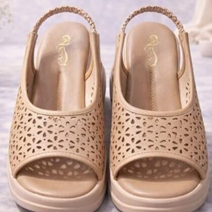 PU Leather Beige Sandals for Women and Girls | Laser Cut Design Platform Heels for Parties and Daily Use