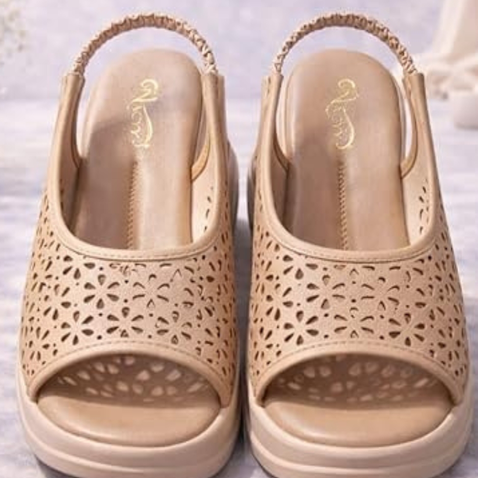 PU Leather Beige Sandals for Women and Girls | Laser Cut Design Platform Heels for Parties and Daily Use