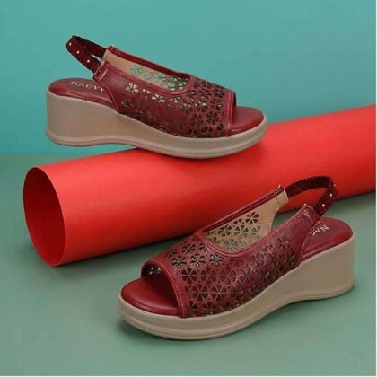 Fashionable PU Sandals for Women and Girls Maroon | Laser Cut Design Platform Heels for Parties and Daily Use