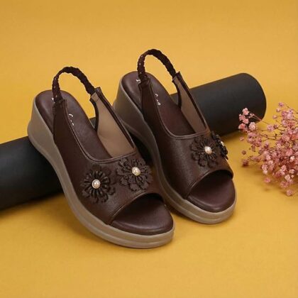 Women and Girls Stylish PU Sandals with TPR Sole Brown | Floral Pearl Design Platform Heels for Parties and Daily use