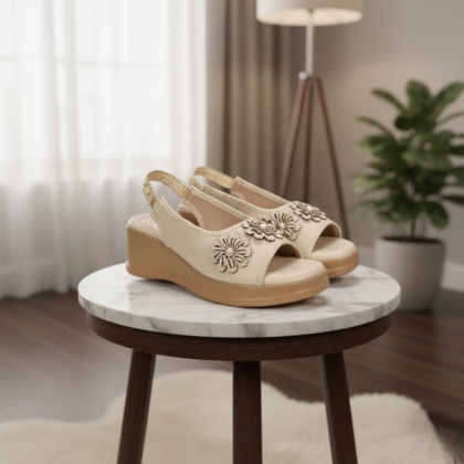 PU Leather Beige Sandals for Women and Girls | Laser Cut Design Platform Heels for Parties and Daily Use