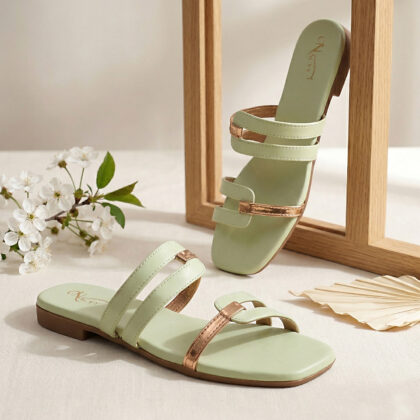 Nacyy Women’s Light Green Double Strap Flat Sandals with PVC Sole