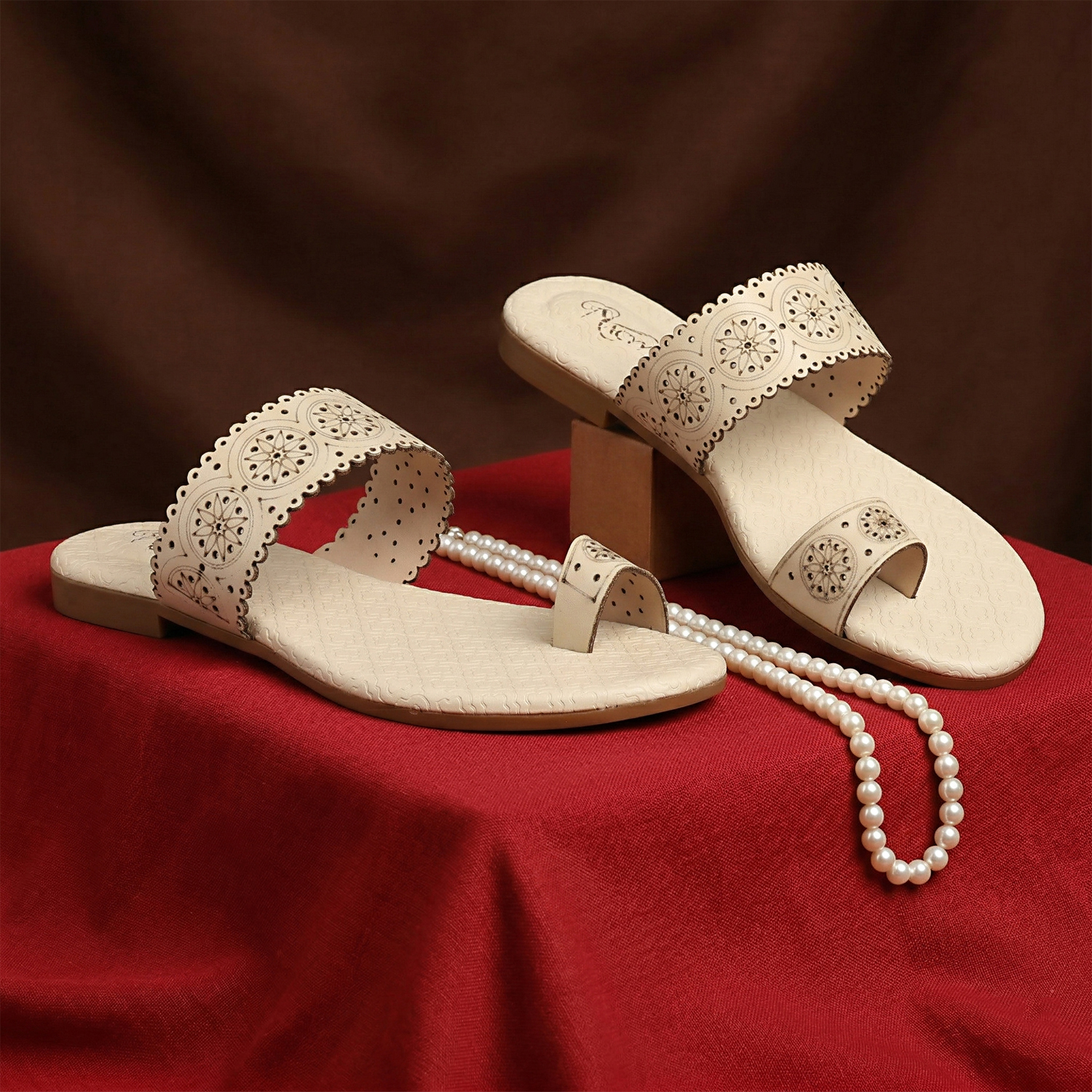 Nacyy Women’s Cream Ethnic Cutwork Flat Sandals