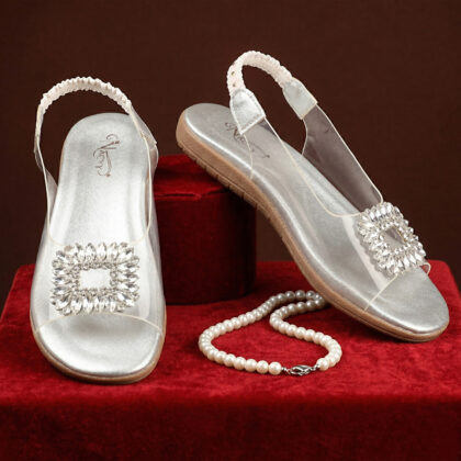 Nacyy Silver Transparent Slingback Flats with Crystal Buckle