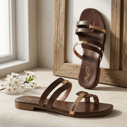 Nacyy Women’s Dark Brown Double Strap Flat Sandals with PVC Sole