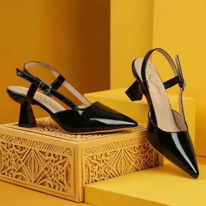 Nacyy Black Glossy T-Strap Pointed Heels